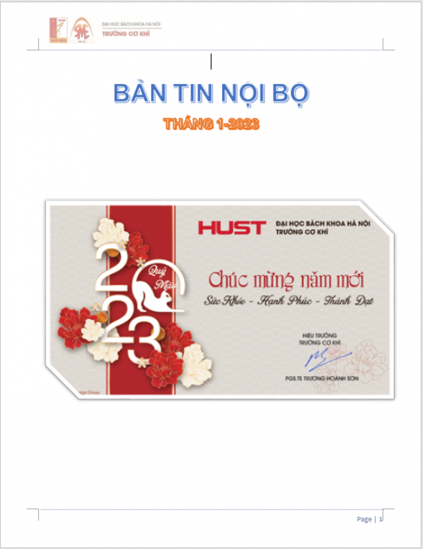 BẢN TIN NỘI BỘ TRƯỜNG CƠ KHÍ THÁNG 1 – 2023